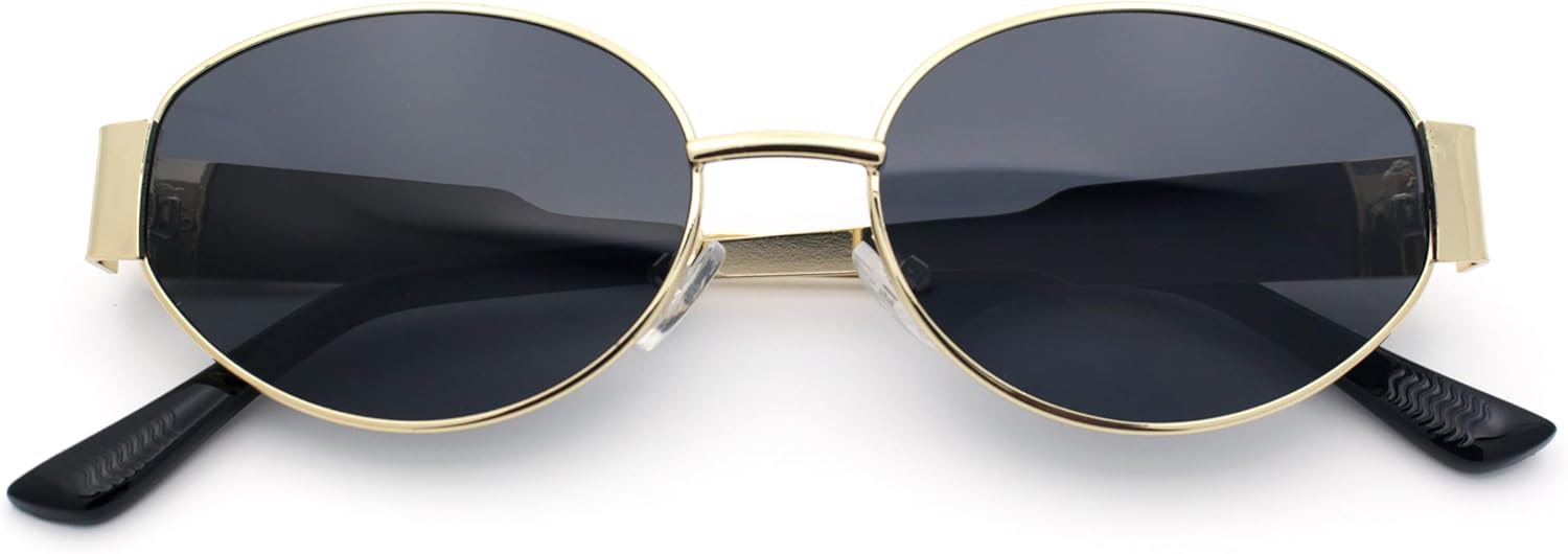 SA106 Womens Classic Retro Dad Fashion Oval Round Metal Rim Sunglasses Gold - Black