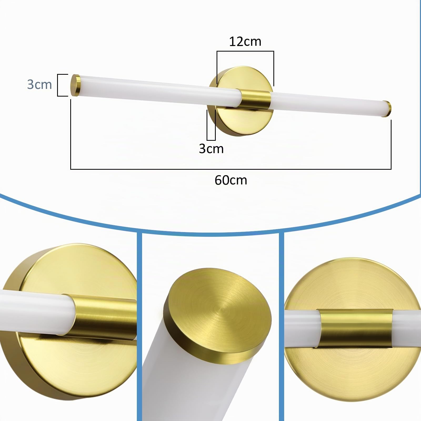 Lampada da parete a specchio a LED per bagno, in oro - 60 cm, 8 W, | 4000 K