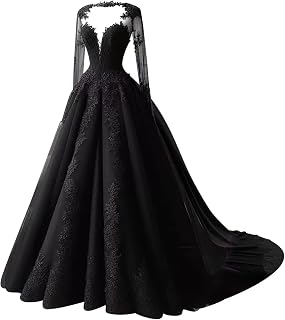 A-line Lace Gothic Wedding Dresses for Bride Long Sleeve Black Bridal Gowns Applique V Neck Wedding Gowns with Train