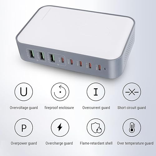 Miniatura 3 de Asixxsix Estación de carga USB, concentrador de carga de 8 puertos de 200 W con carga rápida PD de 2 x 100 W y protecciones de seguridad, para