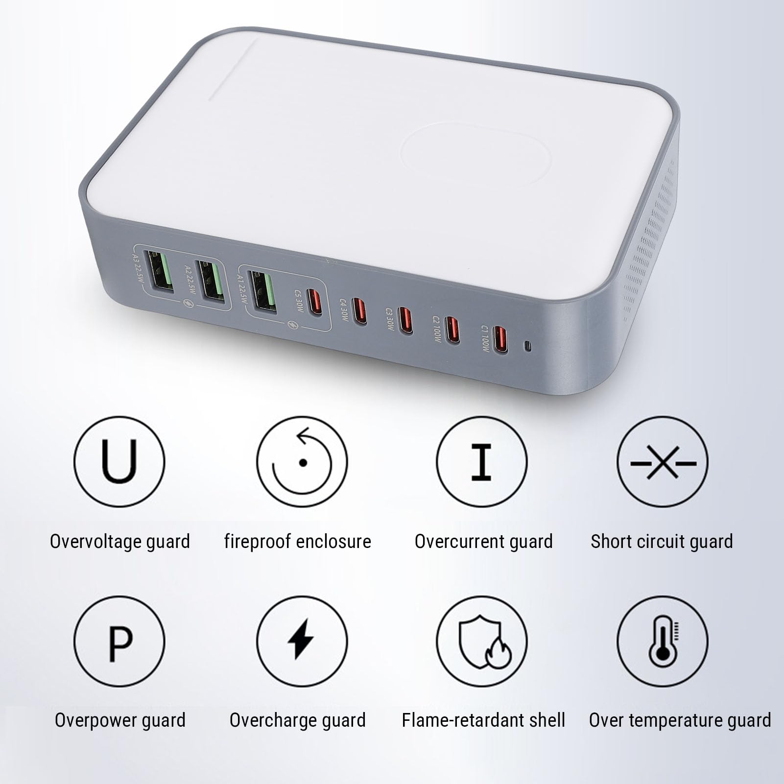 Jectse Caricatore USB C da 200 W, Hub di Ricarica Rapida con 8 Porte USB, Stazione di Ricarica Universale per Telefono Desktop per più Dispositivi Elettronici, Tablet, Laptop (Spina europea)