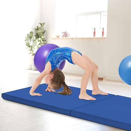 Miniatura 2 de GYMAX Tapete de ejercicio, 2 x 6 pies, biplegable con asas de transporte, tapete grueso para entrenamiento en casa para gimnasia, pulgar, yoga,