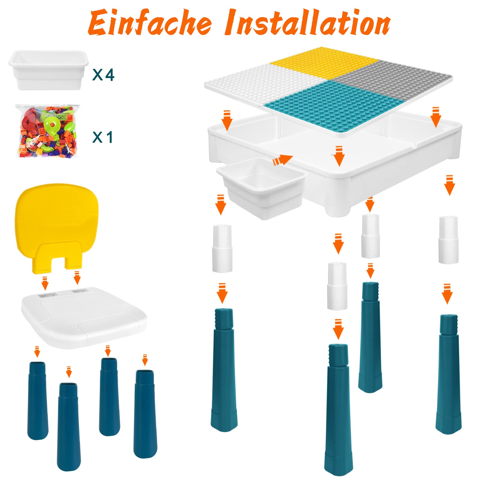 Kinder Tisch Stuhl Set 6-in-1 Kindertisch mit 2 Stühle Doppelseitiger Tischplatte Bausteine Spieltisch Aktivitätstisch mit Multifunktionaler Stauraum für Kinder Lernen Spielen Kindermöbel