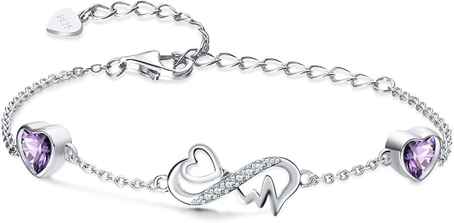 Qings Infinity Heart Birthstone Bracelet 925 Sterling Silver Adjustable ECG Heartbeat 2 Birthstones Bracelets with Sparkling Cubic Zirconia Chain Bracelet, Pretty Birthday Jewelry Gift for Women Girls