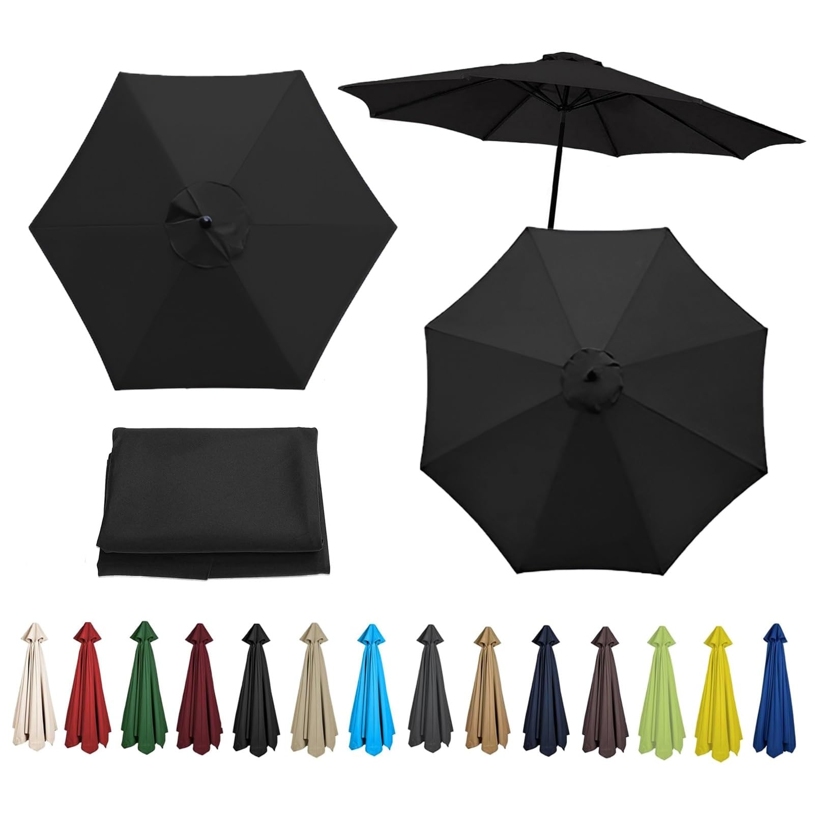 Replacement Parasol Canopy For 200cm - 6Ribs, 270cm - 6Ribs, 270cm - 8Ribs, 300cm - 6Ribs, 300cm - 8Ribs, UV Protective, Waterproof, Canopy Cover Fit Outdoor Garden Market Table Parasol(Color:Black,Si
