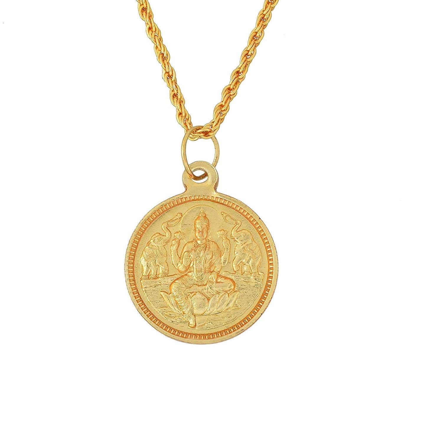 � Gold Plated Maa Lakshmi Reversible Hindu God and Lakshmi Yantra Kawach Engraved Coin Design Ethnic Chain Stylish Fashion Pendant Necklace Jewellery for Men and Women-image-46