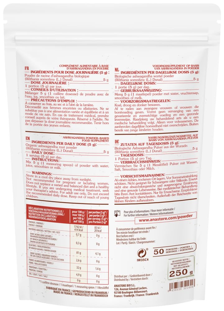 ASHWAGANDHA ECOLÓGICA EN POLVO * 50 raciones / 250 g * Planta adaptógena * Referencia en medicina Ayurveda * Propiedades afrodisiacas, estimulantes y rejuvenecedoras* Fabricado en Francia