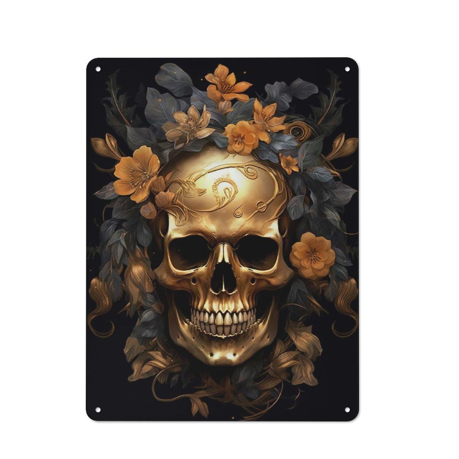 Tin Wall Plaque 40x30cm with Golden Skull with Flowers for Café Or Home Bar, New-space Wall Decor for Hospitality Decor Collectors