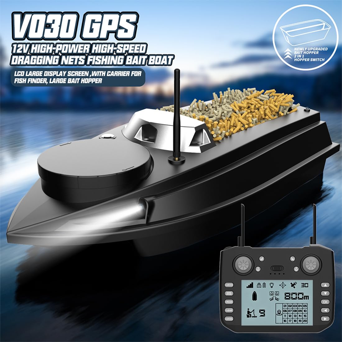 V030 V030 12 V 2,4 G szybki GPS łódź wędkarska z przynętą 800 m, pilot zdalnego sterowania z 40 punktami trasy i pojemnością 3 kg, podwójny lej, idealna do łowienia karpi, edycja Fish