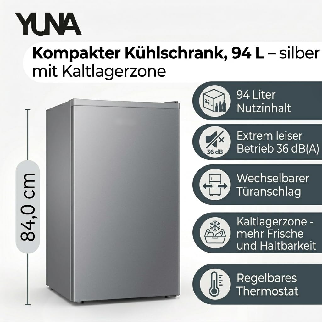 YUNA Kühlschrank SEREBRO E 94L Vollraumkühlschrank 84 cm 86 kWh/Jahr Türanschlag wechselbar 36 dB Silbern