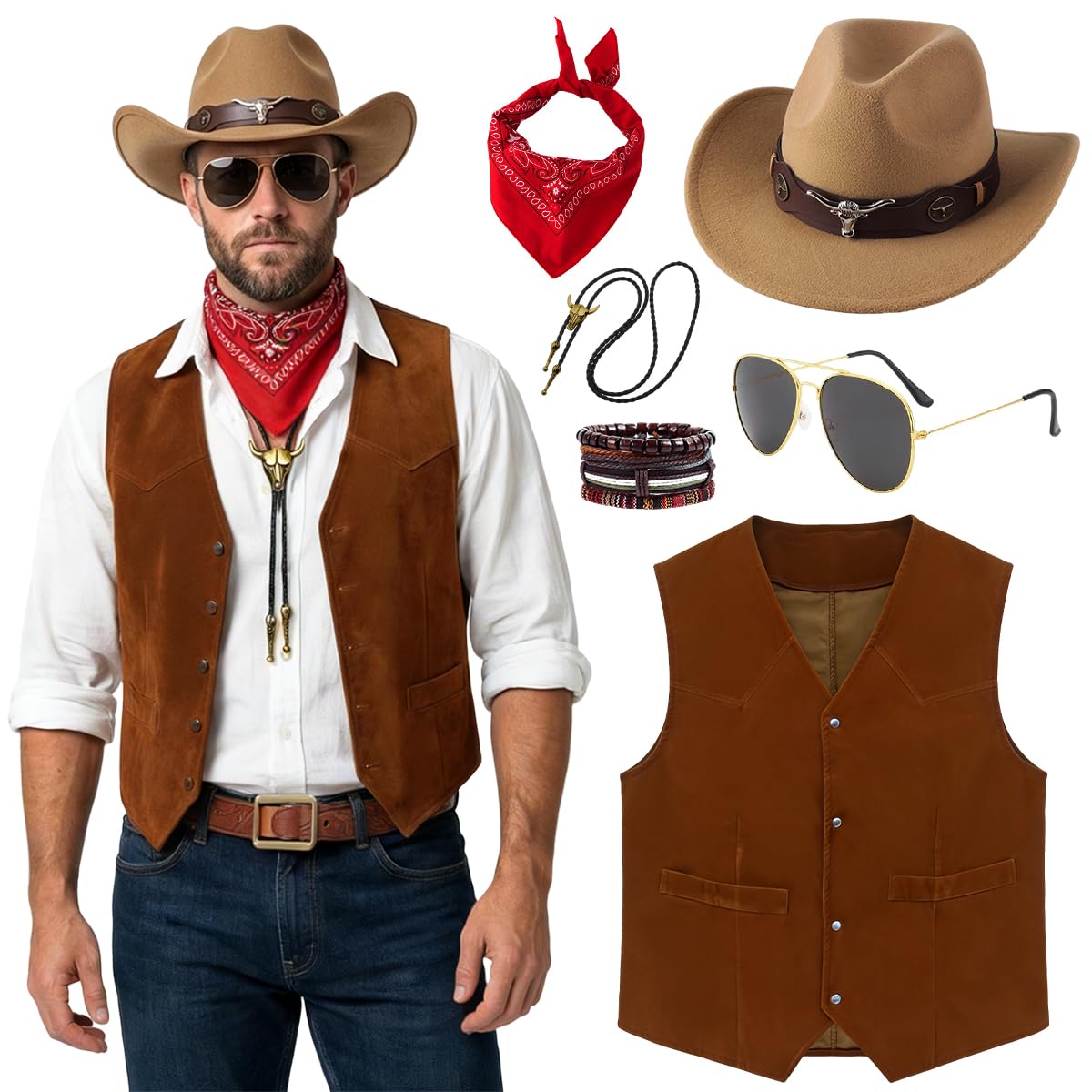 Disfraz Vaquero Hombre Completo con Chaleco Sombrero Gafas de Sol Collar Brazalete y Pañuelo para Fiesta Temática del Oeste Vestimenta de Carnaval Hippie Halloween