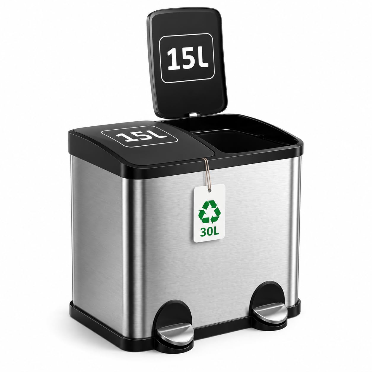 Amig - Doppelter Abfalleimer Recycling Mod. RECIK2-2 x 15L - 30 Liter - Mit 2 Fächern und Öffnung mit Pedal - 48x32x40 cm - Fassungsvermögen 15 l pro Behälter - Hermetischer Deckel - Edelstahl