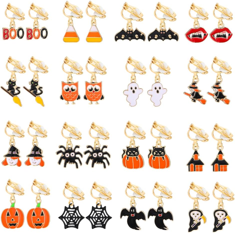 16 Pairs Clip on Halloween Earrings for Women Teen Girls Halloween Clip on Dangle Earrings Set Spooky Ghost Pumpkin Spider Bat Black Cat Witch Fall Earrings Jewelry