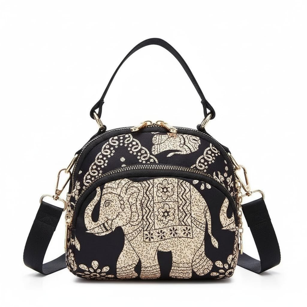 lightweight nylon crossbody shoulder bag with top handle, multi-functional organisation patterned purse