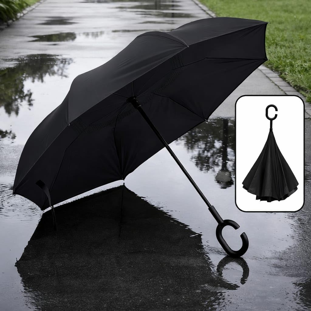 Guarda-Chuva Invertido Reforçado com Cabo C – Tecido Duplo Impermeável, Resistente ao Vento, Abertura Invertida Antigotejamento - PRETO