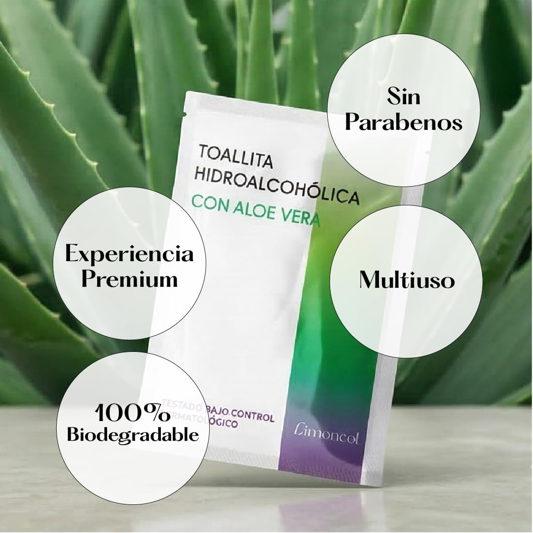 Toallitas Hidroalcohólicas con Aloe Vera, Sobres Individuales, Higiene de Manos sin Aclarado, Mínimo 70% Alcohol (100 unidades)