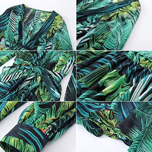 R.Vivimos Women's Chiffon Print V Neck Long Sleeve Tie Waist Casual Boho Maxi Dresses (Large,Green)