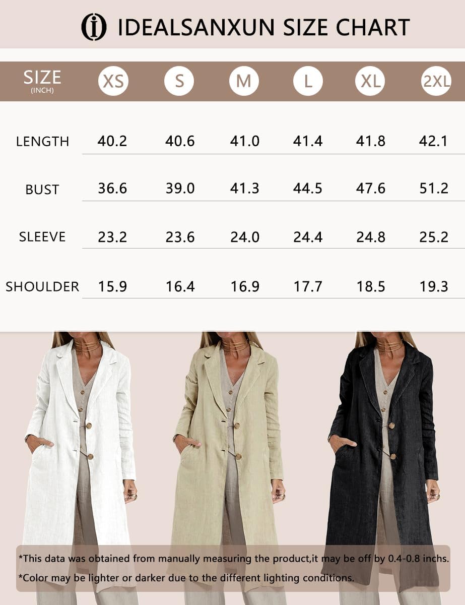 IDEALSANXUN Manteau long en lin pour femme, décontracté, léger, trench-coat