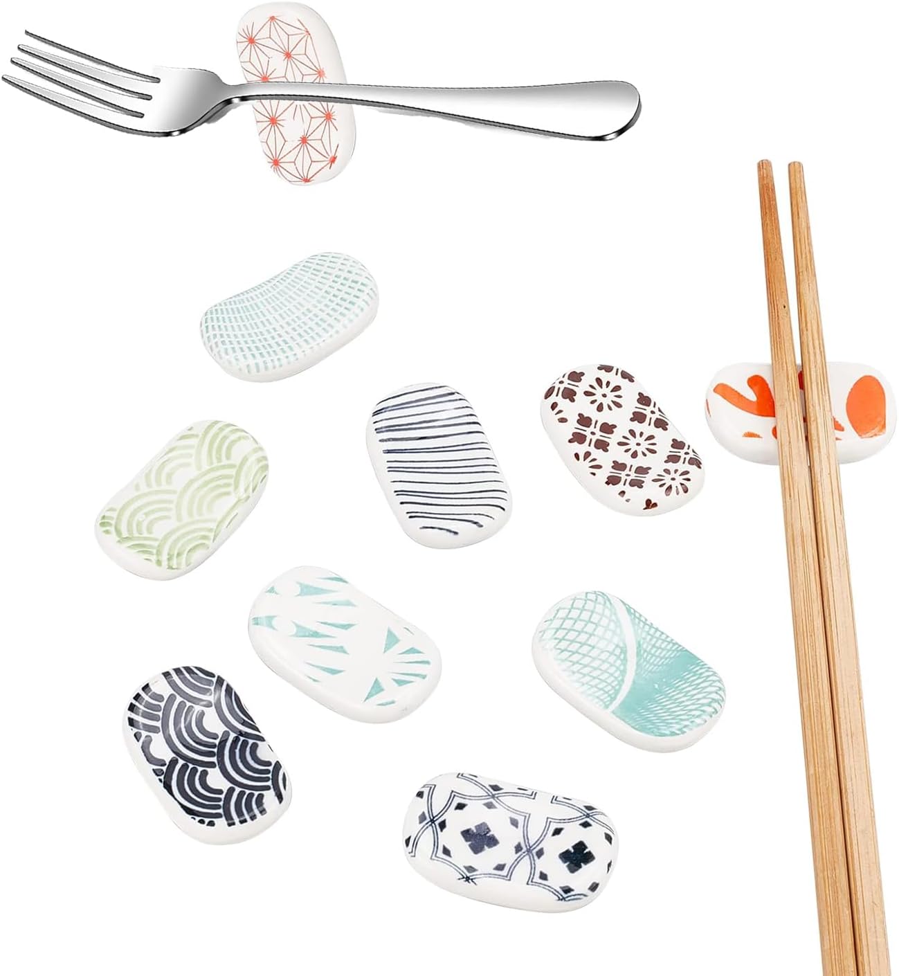 KASTWAVE Chopstick Rests Ceramic Rack Set, Rectangle Hand Painted Japanese Style Chopsticks Holder Dinner Spoon Tableware Rest Set, Festive Porcelain Stand for Dinner Table Decor (10pcs)