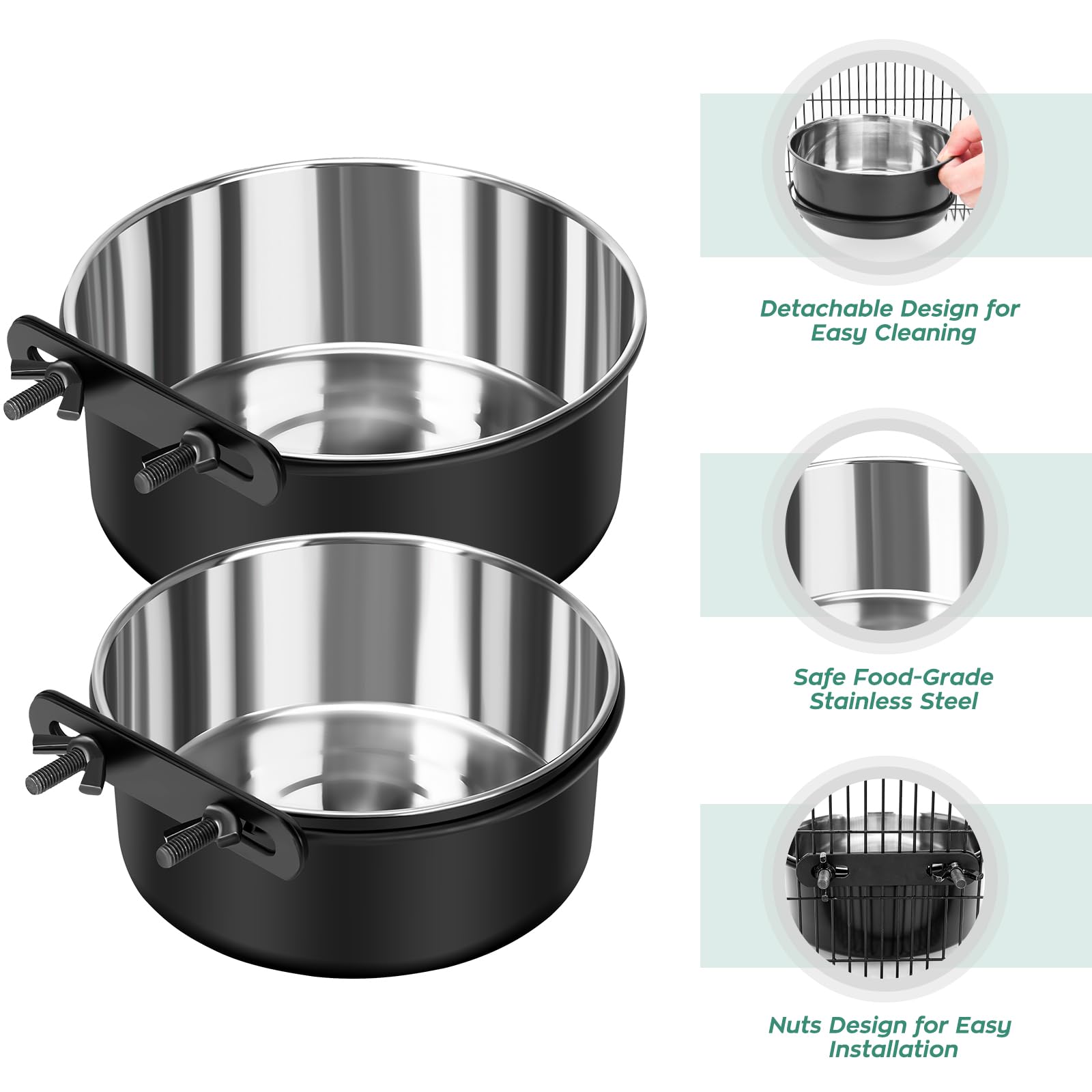 Dog Crate Water Bowl No Spill, 2 Pack Dog Crate Bowls Hanging, Kennel Water Food Bowls Mountable, Pet Cage Accessories Feeder Dish, Stainless Steel Coop Cup for Cat Puppy Bunny Guinea Pig Ferret Bird