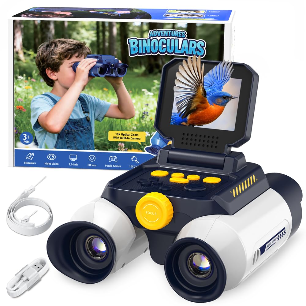 Binocolo Bambino con Fotocamera, Funzione di Visione Notturna a Infrarossi, Telescopio per Bambini 10x25, adatto a Bambini dai 4 anni in su per Birdwatching, Campeggio, Escursionismo(Bianco)