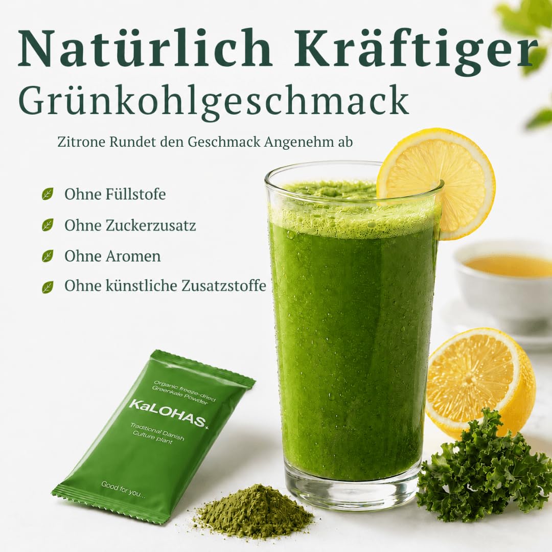 Pure Bio Grünkohl Pulver, 25 x 2g Sachets auf Grünes Superfood | Ohne Zusatzstoffe, Gefriergetrocknet, Hoher Gehalt an Protein, Kalzium, Vitamin C & K, Antioxidantienreich, 9 Aminosäuren