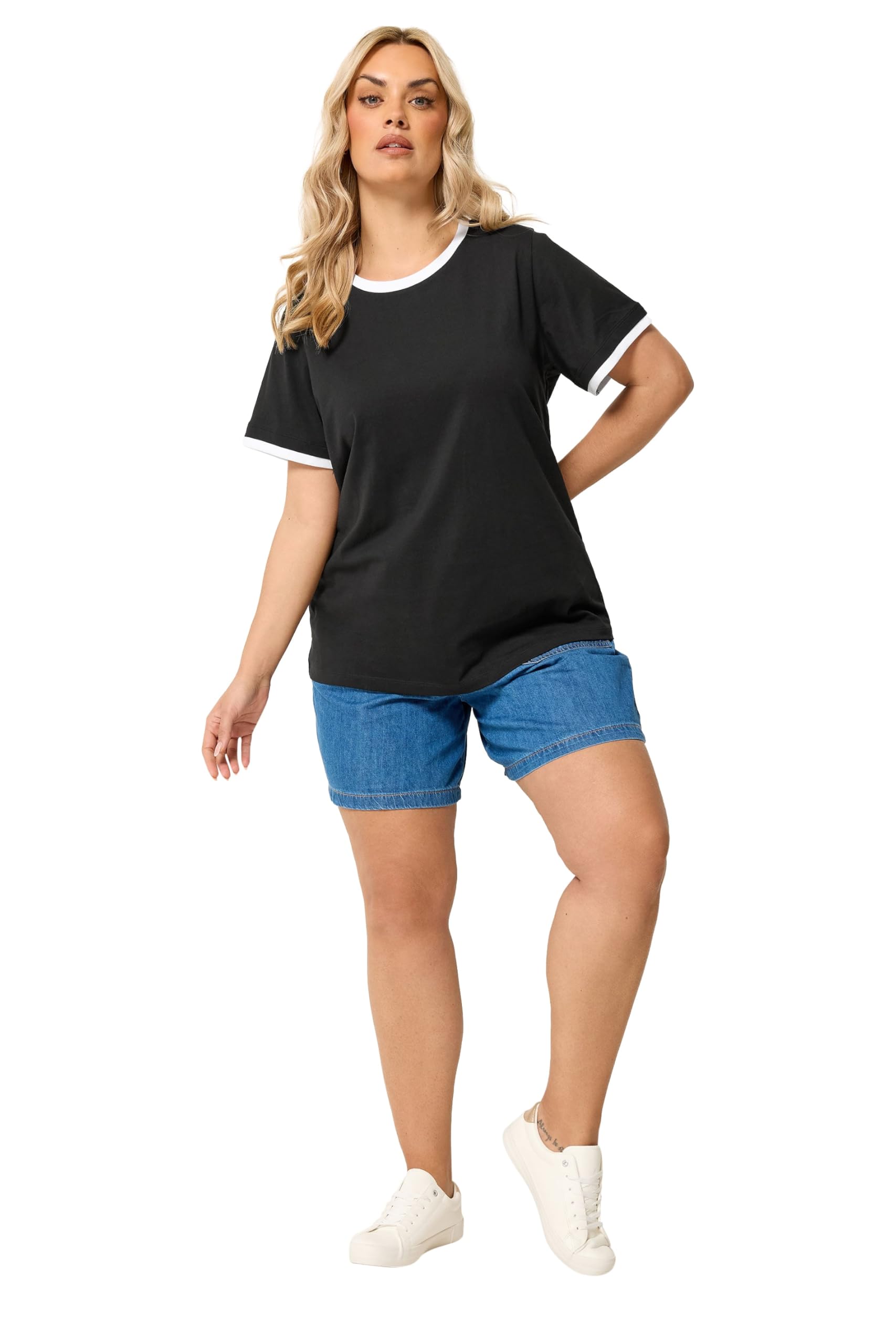 Yours Curve Contrast Trim T-Shirt - Women's - Plus Size Curve Black