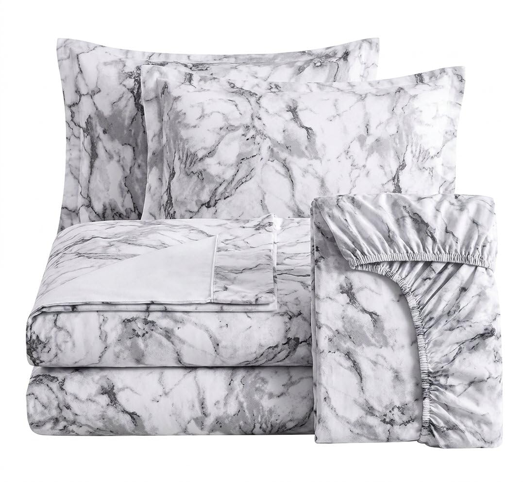 4 Piece Duvet Cover Set Double Bedding Set with Fitted Sheet & Pillowcases Reversible Microfiber Quilt Cover Set Double Bed Floral Geometric Marble Plain Designs UK (STONE WHITE, Double)