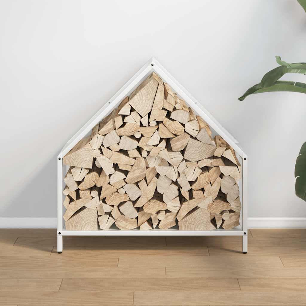 Biały stojak na drewno opałowe, wytrzymały, wykonany ze stali walcowanej na zimno, wymiary 60 x 25 x 60 cm, nadaje się do użytku wewnątrz i na zewnątrz, do kominka lub paleniska, maksymalne obciążenie
