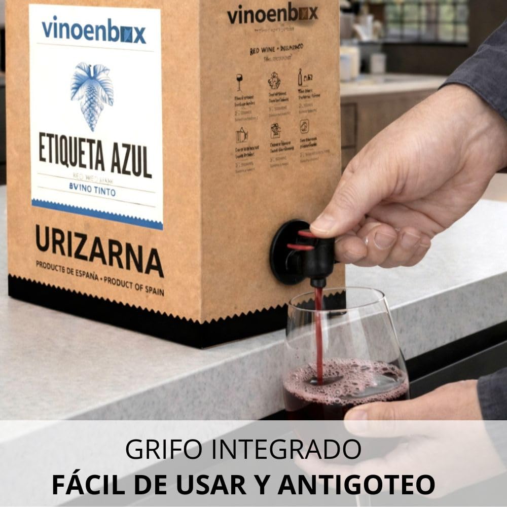 Vinoenbox - Vino Etiqueta Azul Tinto Bag in Box 15L | Crianza 12 meses barrica | Caja con grifo, larga conservación | Ideal para consumo diario (equivale a 20 bot.)