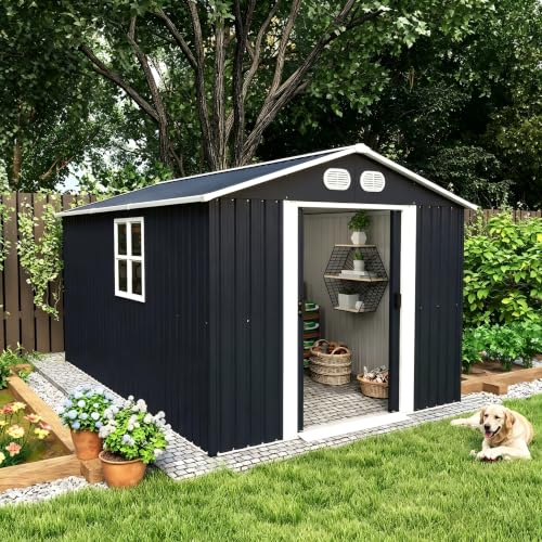 Image of KEIKI 8x12 FT Metal Storage Shed, Lockable Garden Tool Shed, Dark Gray