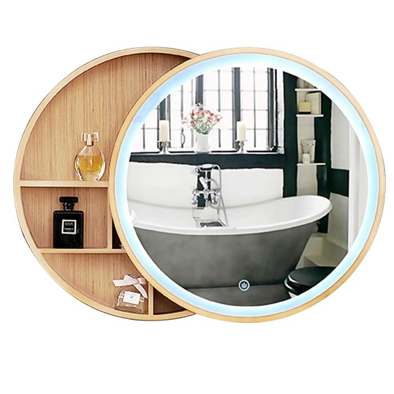 Meuble de salle de bain rond en bois massif avec miroir LED et bande lumineuse, meuble de rangement mural de 50,8 cm – Élégant et fonctionnel