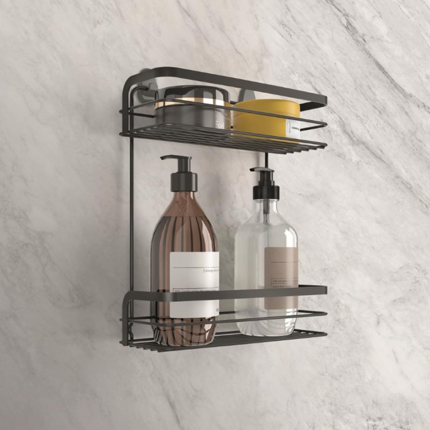 Metaltex Origin 2-Tier Rectangular Shelf – Wall-mounted Bathroom Storage Rack for Shower Essentials and Bath products - Touch-Therm Lava, 30 x 26 x 10 Centimeters