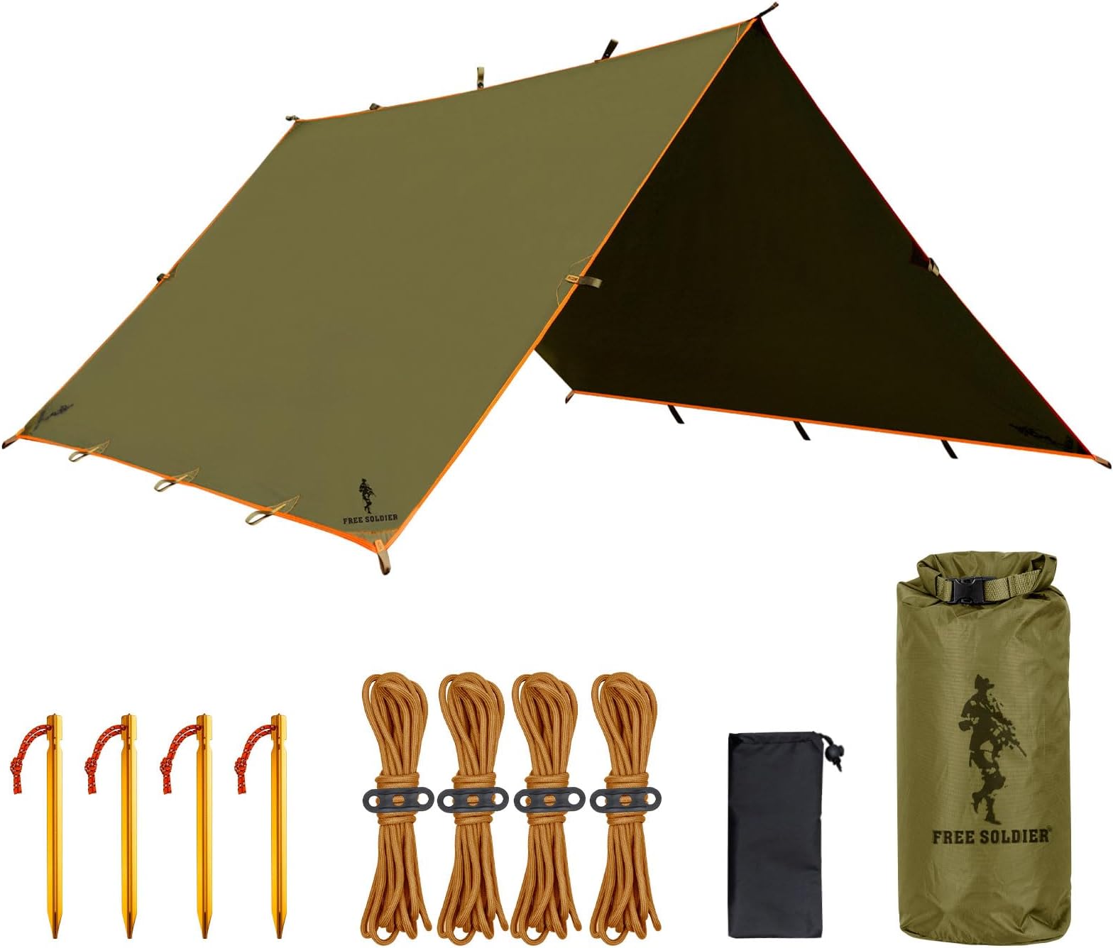 FREE SOLDIER Camping Tarp Waterproof 3m x 3.2m Large Hammock Tent Tarp Portable Tarpaulin Anti-UV Shelter Sun Block Sunshade Awning for Camping Hiking Traveling Outdoor Sports (Brown with Nails)