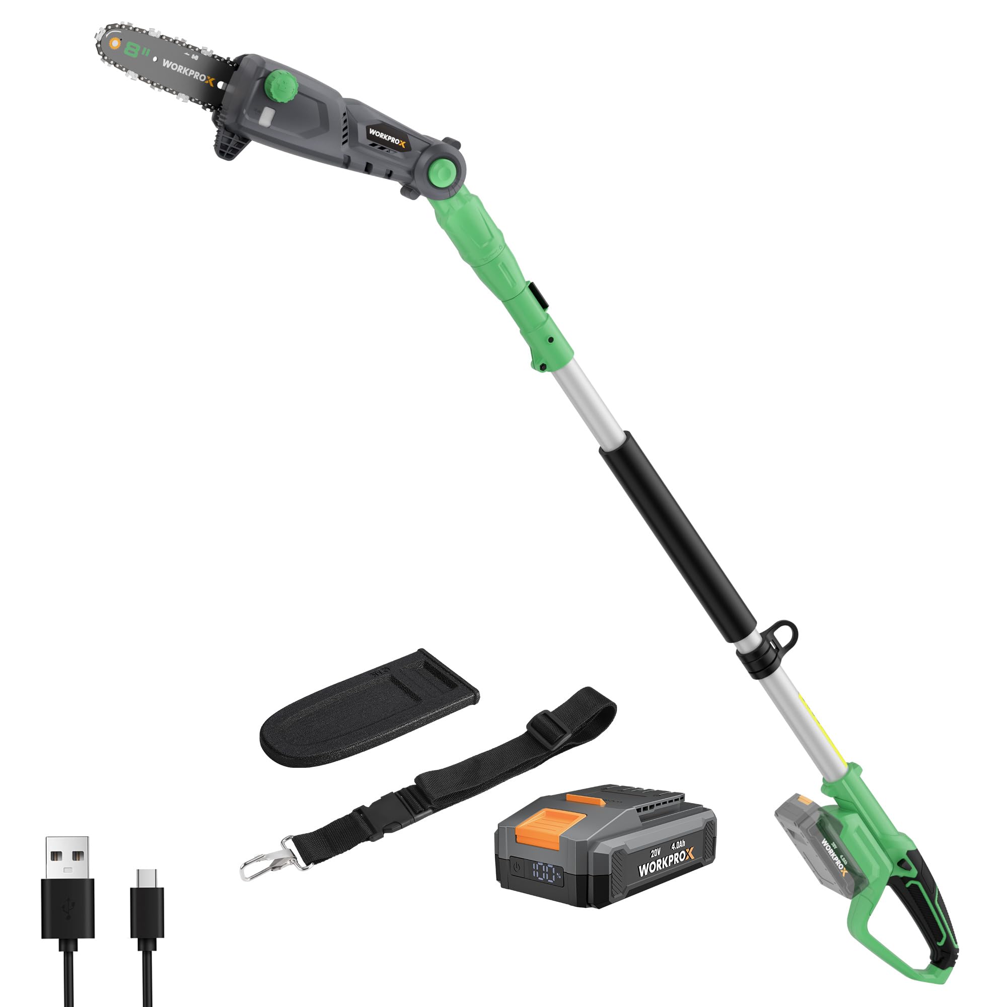 WORKPROX Hochentaster 20V, Akku-Astkettensäge, Leistungsstarke Teleskop Astsäge, PD Schnellladung, Automatische Kettenschmierun, für Baumschneiden