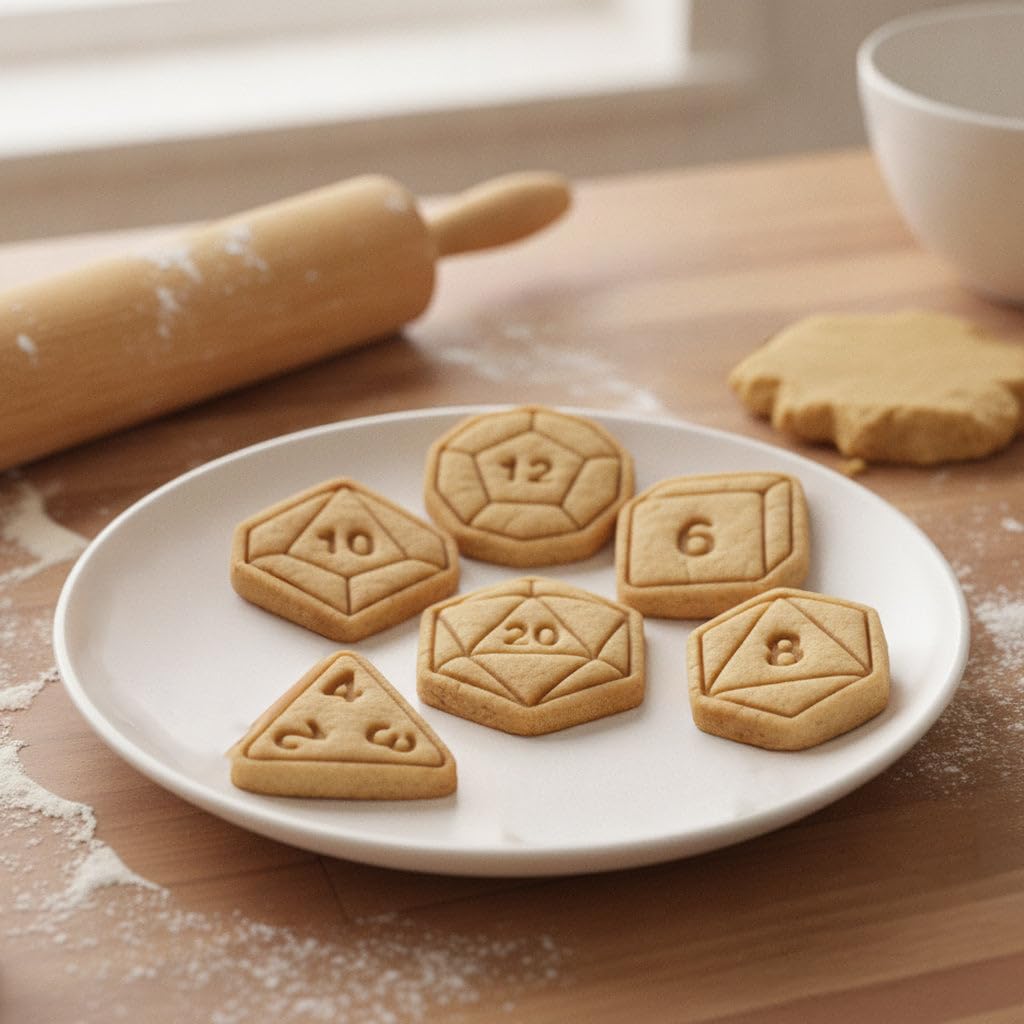 BAKERLOGY 6er Set Mini-Polyeder Würfel Keksausstecher mit Stempeln – Natural 20, D12, D10, D8, D6 & D4 RPG Fondantstempel für Kekse, Cupcakes, Spieleabend, Gamer Geburtstag & Spielleiter Backen