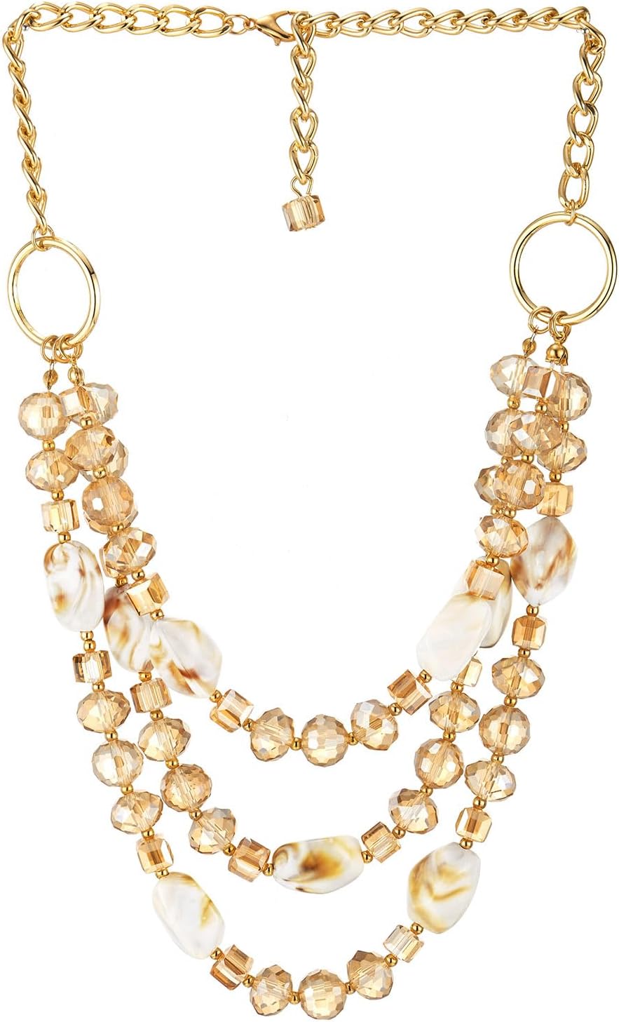 COOLSTEELANDBEYOND Champagne Crystal Beads Acrylic Stone Statement Necklace, Three-strand Layered Necklace, Waterfall