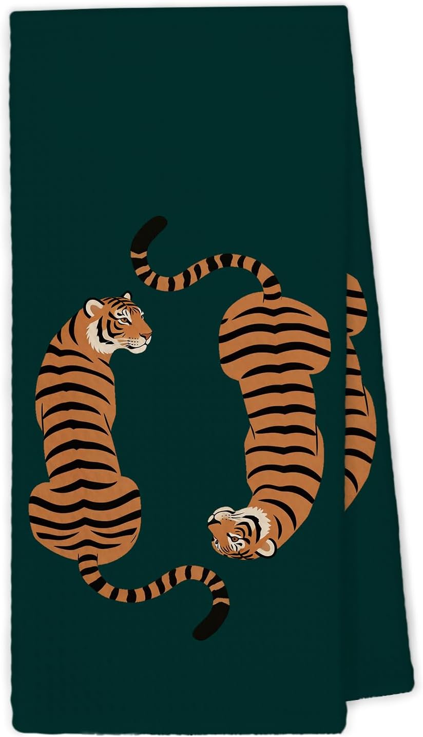 Funky Emerald Green Tiger Kitchen Towels, Preppy Tiger Gifts for Women Teen Girl Dish Hand Tea Towels, Maximalist Animal Decorative Towel for Dorm Bathroom Restroom Decor，16x24Inch