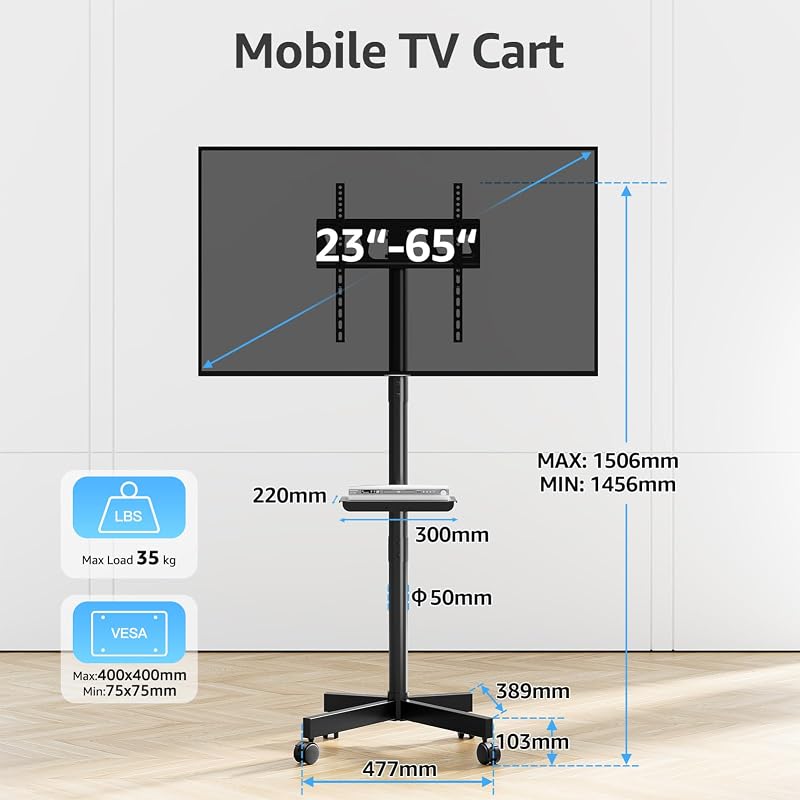 Suport mobil pentru TV MOUNTUP, pentru ecrane de 23-60 inch, tip plasmă, LCD, LED, cu reglare a înclinării și a înălțimii, sarcină maximă 35 kg, VESA 400x400, EU1117B