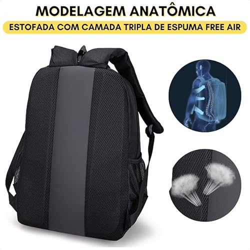 Mochila Masculina Para Notebook Bolsa Grande Reforçada Escolar Faculdade Preta (Preto, 15.6