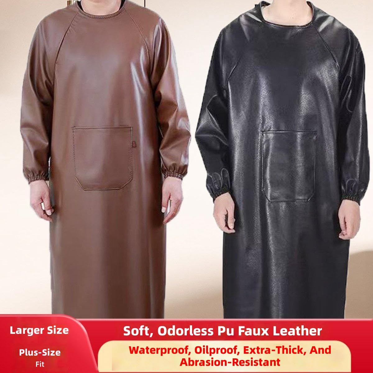 Tablier de Travail en Cuir, Blouse Imperméable à Manches Longues avec Poche, Vêtement de Protection pour Hommes et Femmes, Idéal pour Cuisine, Jardinage, Atelier et Vaisselle