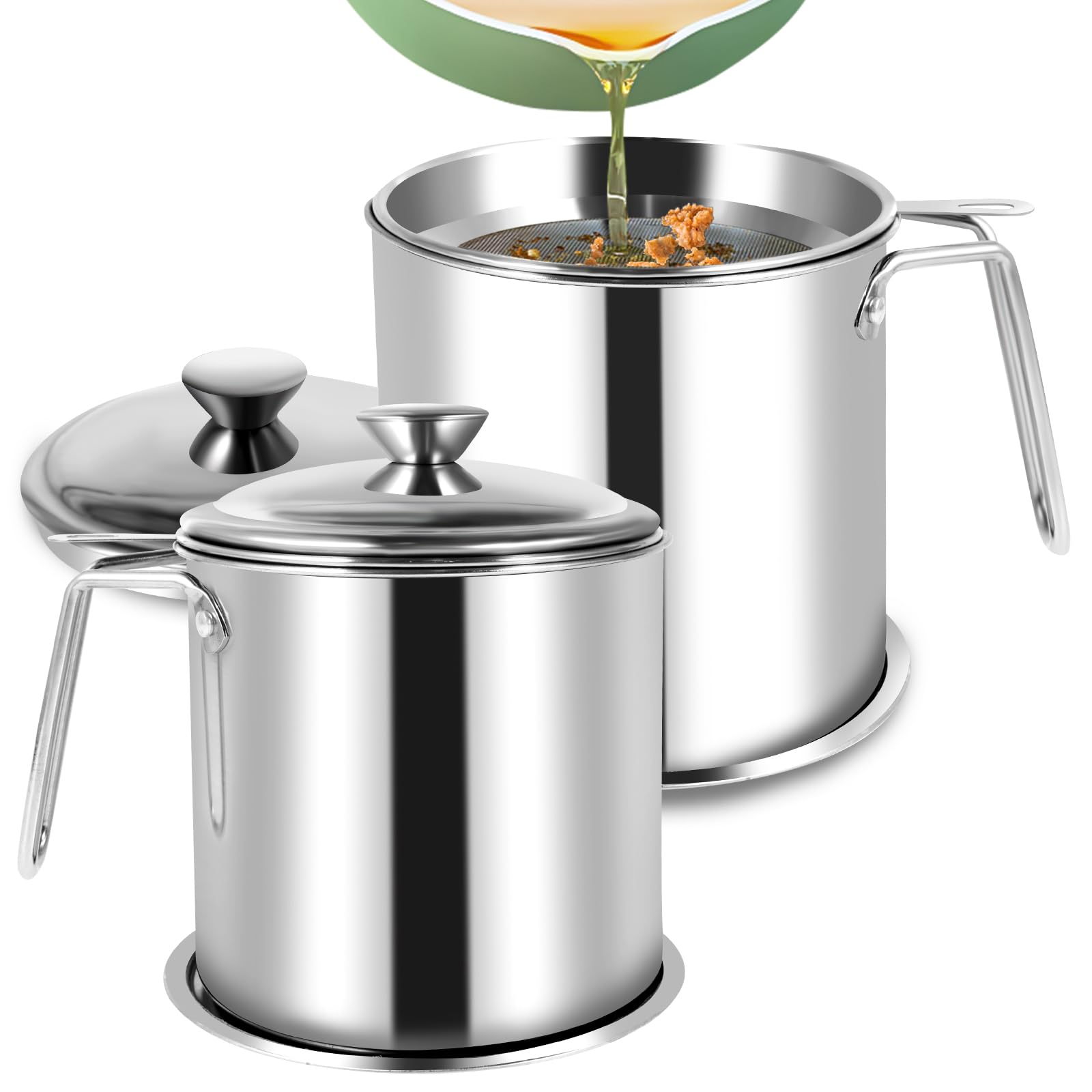 Photo 1 of 2 Pack Bacon Grease Container With Strainer, 1.8L Oil Strainer Pot With Tray and Lid Stainless Steel Grease Can For Storing Frying Oil and Cooking Grease