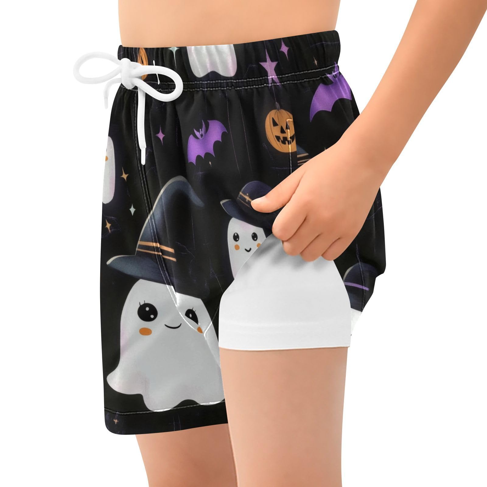 FLildon Halloween Funny Ghosts Boys Swim Trunks with Compression Liner Quick Dry Bathing Bottom Kids Beach Shorts, 12-13 Years
