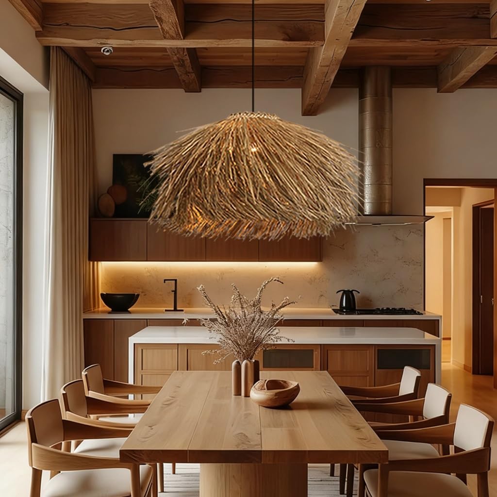 PANNN E27 Creative Chandelier Rattan Pendant Light Bohemian Style Dining Table Lamp Vintage Woven Lampshade Handcrafted Hat-Shaped Pendant Lamp Suitable for Dining Room Living Room Bedroom(80cm)