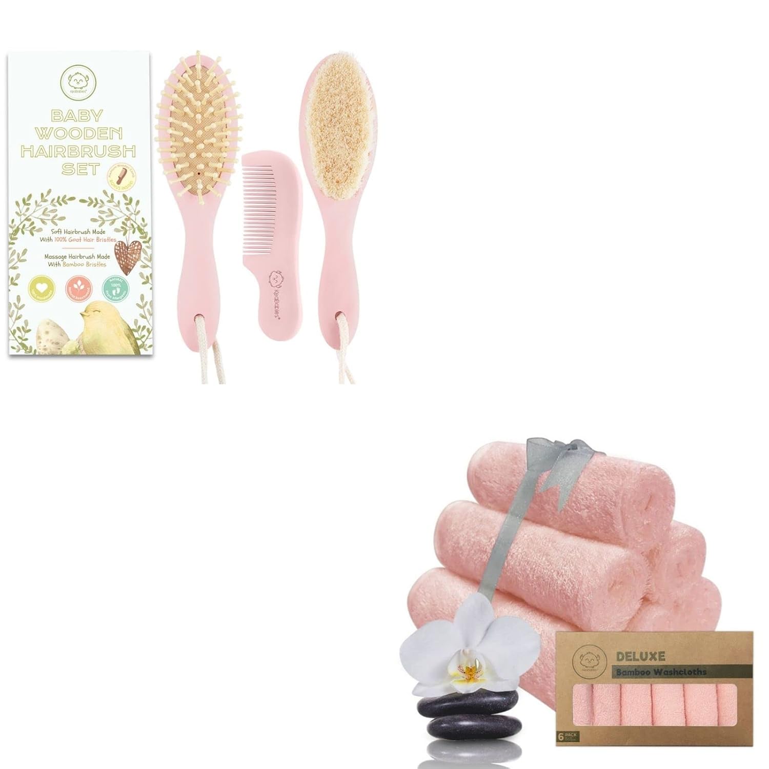 Baby Hair Brush and Comb Set for Newborn and Baby Washcloths Bundle - Natural Wooden Hairbrush with Soft Goat Bristles for Cradle Cap (Oval, Blush) - Baby Towels and Washcloths (Blush Pink)