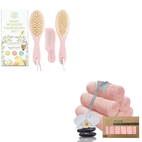 Juego de cepillo y peine para recién nacidos y bebés, cepillo de madera natural con cerdas suaves de cabra para la cuna (ovalado, rubor) - Toallas y