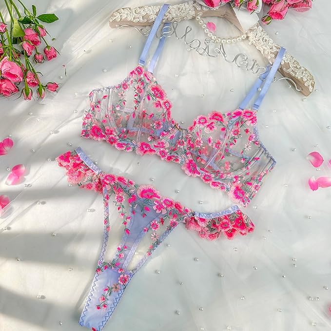 HELLOLAGIRL Sexy Lingerie Set for Women,Lace Womens Lingeries flower Teddy Lingerie 3 Piece with Garter Belt