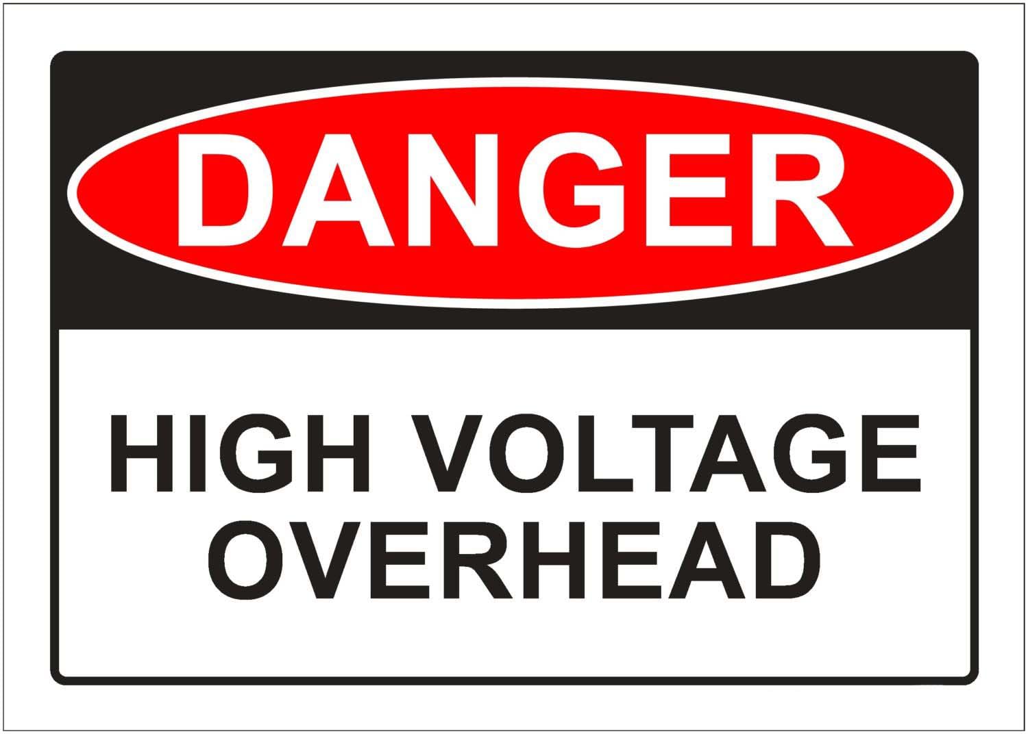 High Voltage Overhead Danger Sign, 12x8 Metal Tin Sign, electrical hazard warning for overhead power lines.