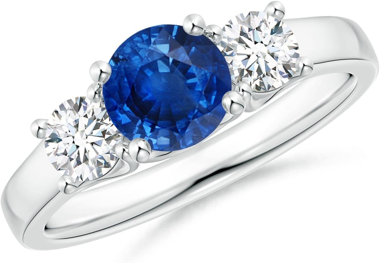 Angara Natural Blue Sapphire Ring for Women | Classic Round Sapphire and Diamond Three Stone Ring in 14K Solid Gold/Silver/Platinum | September Birthday, Anniversary, Gemstone Jewellery Gift