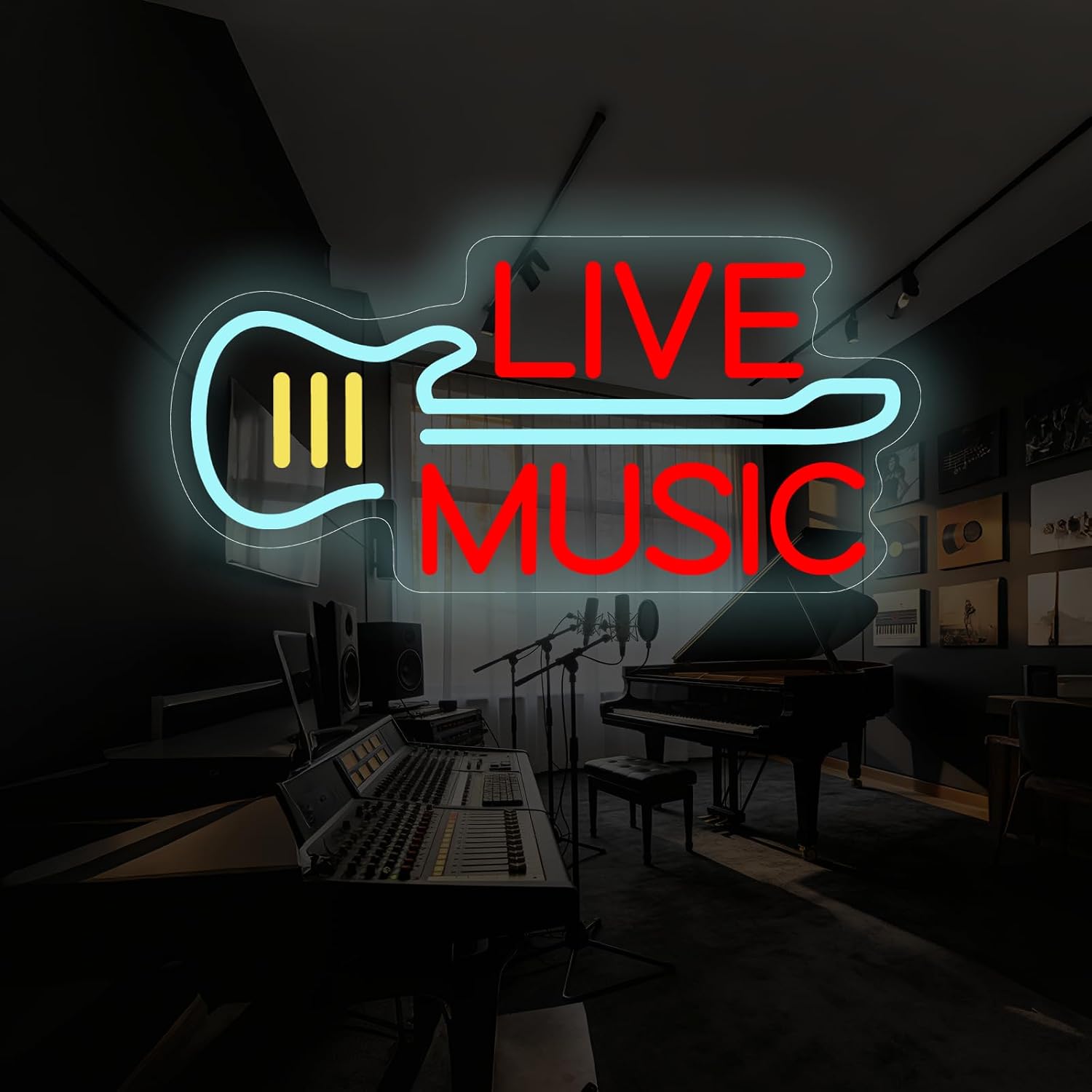 LIVE MUSIC Neon Sign Electric Guitar Design - Retro Music Decor for Wall Art - Neon Light with Acrylic Backing for Bar, Livehouse, Music Studio, Bedroom, Party Atmosphere (15.7x7.5inch)